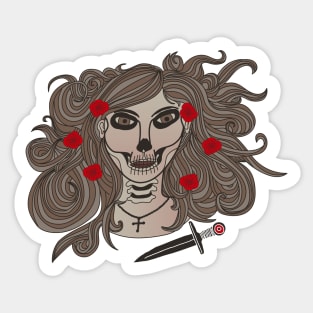 Hand Drawn La Catrina With Cross, Dagger And Roses (Dark) Sticker